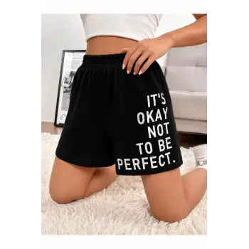 Slogan Graphic Elastic Waist Şort