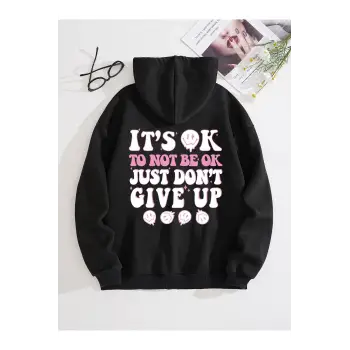 Slogan Graphic Zip Up Drawstring Lined Hoodie Siyah