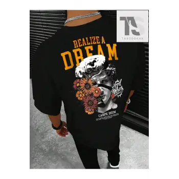 Sloganlı Erkek Heykel Baskılı T-shirt