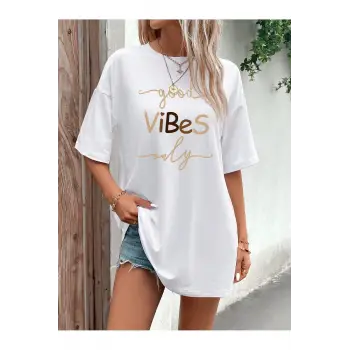 Sloganlı Grafik Düşük Omuz Tişört