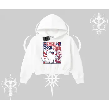 Smell of Fresh Food Kedi Baskılı Kapşonlu Crop Sweatshirt