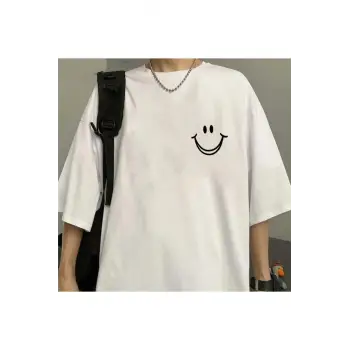Smile Baskılı Beyaz Unisex Oversize