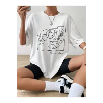 Soyut Figür Grafik Damla Omuz Tişört
