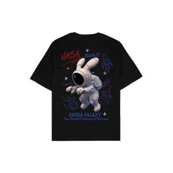 Space Bunny Siyah Oversize Unisex T-shirt