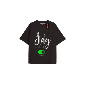 STAG NIGHT Unisex Oversize Yazılı Tshirt SİYAH