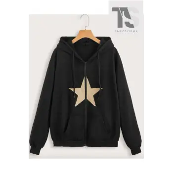 Star Desen Sweatshirt Fermuarlı Hırka Siyah