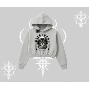 Stay Cool Kedi Baskılı Kapşonlu Crop Sweatshirt