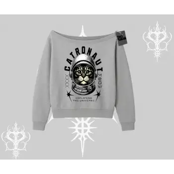 Stay Cool Kedi Baskılı Kayık Yaka Sweatshirt