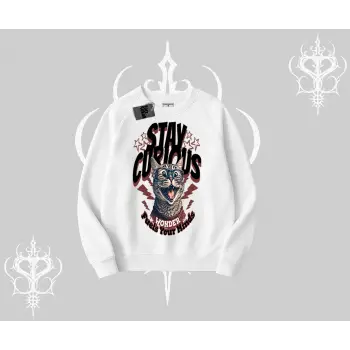 Stay Curious Kedi Baskılı Biskilet Sweatshirt