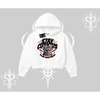 Stay Curious Kedi Baskılı Kapşonlu Crop Sweatshirt