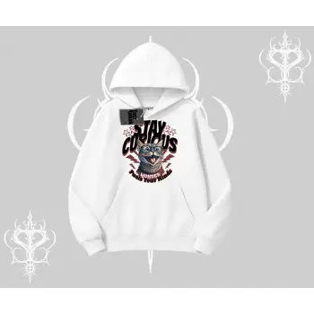 Stay Curious Kedi Baskılı Kapşonlu Sweatshirt