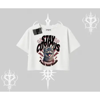 Stay Curious Kedi Baskılı Oversize Crop Tshirt