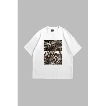 Stay Wild Leopar Baskılı 24/1 Oversize Unisex Beyaz