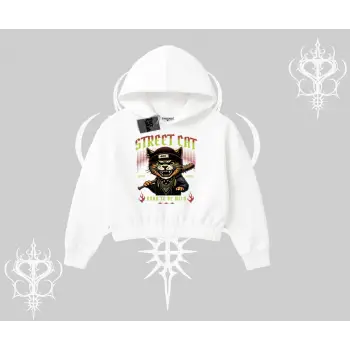 Street Cat Kedi Baskılı Kapşonlu Crop Sweatshirt