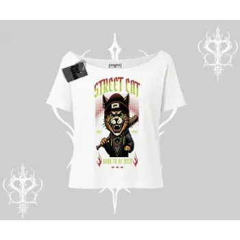 Street Cat Kedi Baskılı Kayık Yaka Tshirt