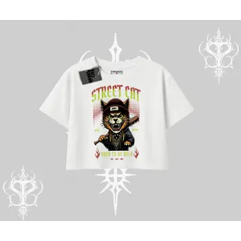 Street Cat Kedi Baskılı Oversize Crop Tshirt