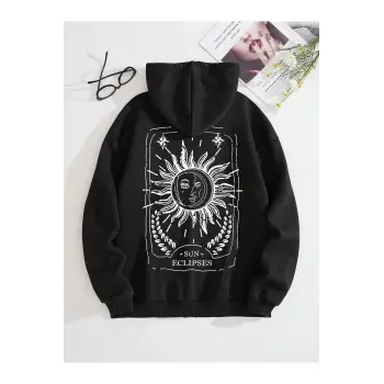 Sun & Moon Print Zip Up Drawstring Lined Hoodie Siyah
