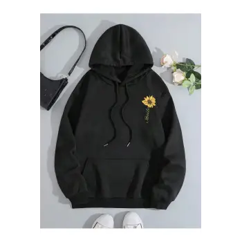 Sunflower Print Kangaroo Pocket Drawstring Hoodie Siyah