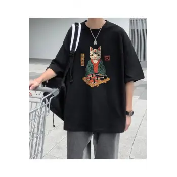 Sushi Cat Siyah Unisex Oversize