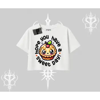 Sweet Day Cupcake Baskılı Oversize Crop Tshirt