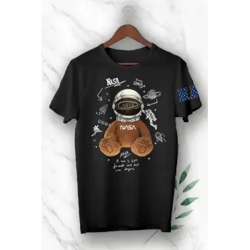 Teddy Bear Nasa Tasarım Baskılı Siyah Tişört