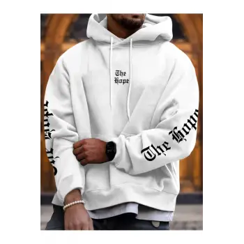 The Hope Renkli Baskılı Oversize Kapüşonlu Sweatshirt Beyaz