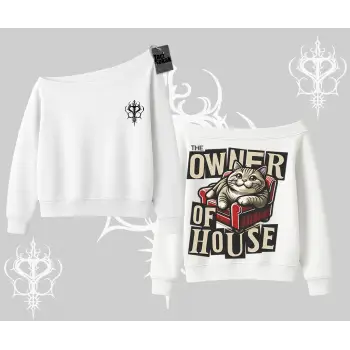 The Owner of House Kedi Arka Baskılı Kayık Yaka Sweatshirt