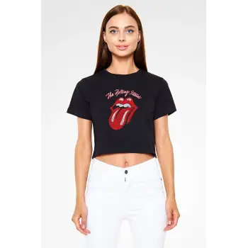 The Rolling Stones Logo Siyah Crop Top Tişört