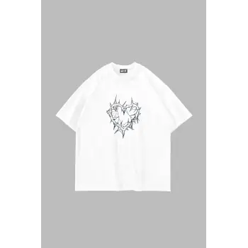 Thorny Heart Baskılı Oversize Unisex Beyaz