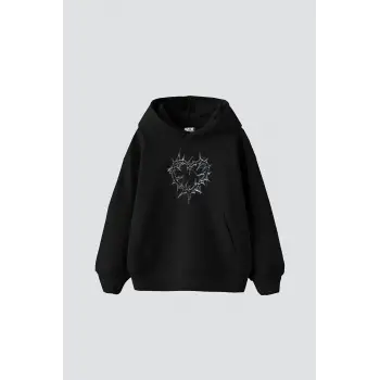 Thorny Heart Baskılı Oversize Unisex Siyah