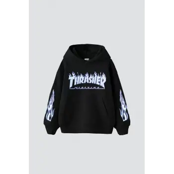 Thrasher Flam Baskılı Oversize Unisex Siyah
