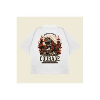 Tigercourage Baskılı Oversize Unisex Pamuklu Nefes Alan Kalın Kumaşlı