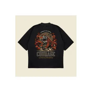 Tigercourage Baskılı Oversize Unisex Pamuklu Nefes Alan Kalın Kumaşlı