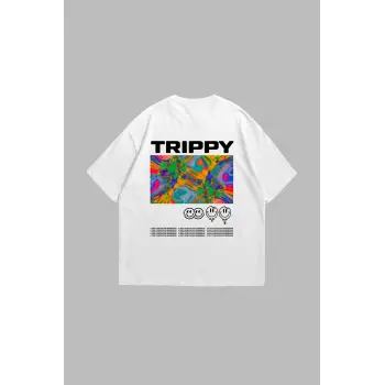 Trippy Baskılı Oversize Unisex Beyaz