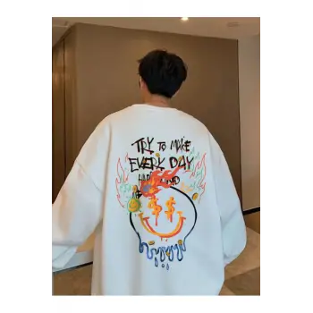 Try To Make Renkli Oversize Bisiklet Yaka Pamuklu Sweatshirt Beyaz