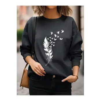 Tüy ve Kuş Desenli Damla Omuz Sweat Gri
