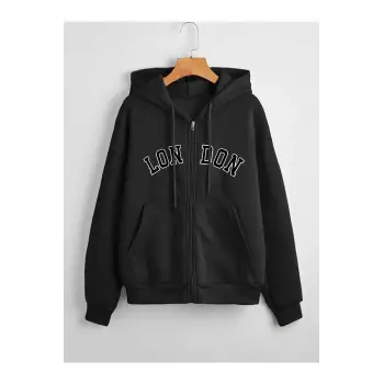 Unisex 2ip Örme Kumaş London Baskılı Kapüşonlu Fermuarlı Sweatshirt Siyah