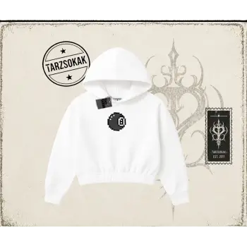 Unisex 8 Ball Kadın Crop Kapşonlu Sweatshirt Beyaz