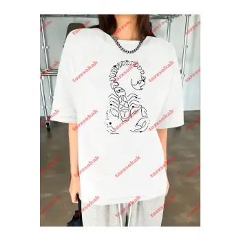 Unisex Akrep Baskılı Tshirt Beyaz