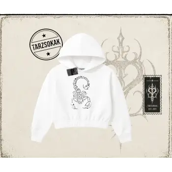 Unisex Akrep Kadın Crop Kapşonlu Sweatshirt Beyaz