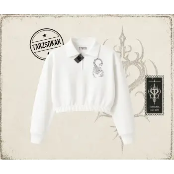 Unisex Akrep Kadın Crop Polo Yaka Yarım Fermuarlı Sweatshirt Beyaz