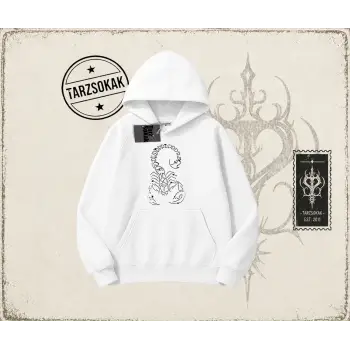 Unisex Akrep Oversize Unisex Kapşonlu Sweatshirt Beyaz
