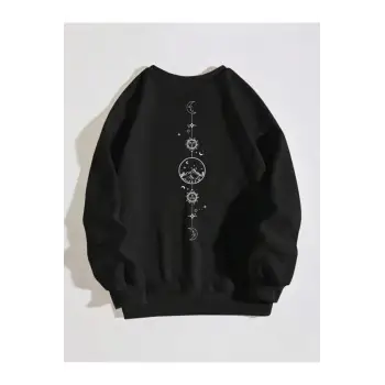 Unisex Ay Güneş Dünya Sırt Baskılı Sweatshirt Siyah