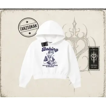 Unisex Baking Kadın Crop Kapşonlu Sweatshirt Beyaz