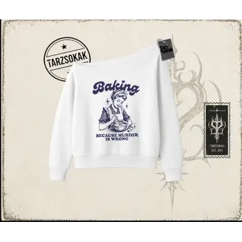 Unisex Baking Kadın Kayık Yaka Sweatshirt Beyaz