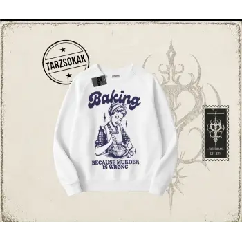 Unisex Baking Oversize Unisex Bisiklet Yaka Sweatshirt Beyaz