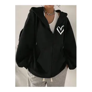 Ünisex Basic Slim Fit Kapüşonlu Fermuarlı Cepli Sweatshirt Nar Çiçeği Siyah