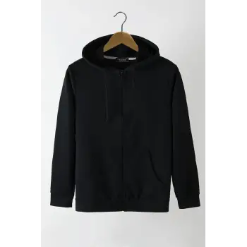 Ünisex Basic Slim Fit Kapüşonlu Fermuarlı Cepli Sweatshirt Siyah