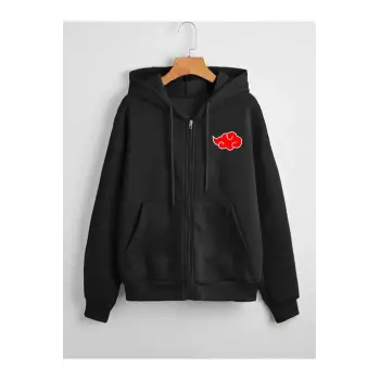 Unisex Baskılı Kapüşonlu Fermuarlı Sweatshirt Siyah