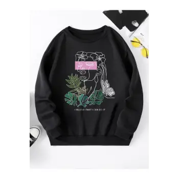 Unisex Belief Baskılı Oversize Bisiklet Yaka Sweatshirt Siyah